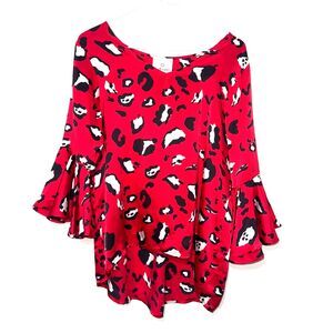 LaRoque Original Silk Printed V Neck Tulip Sleeve Blouse - Red/Black/White
